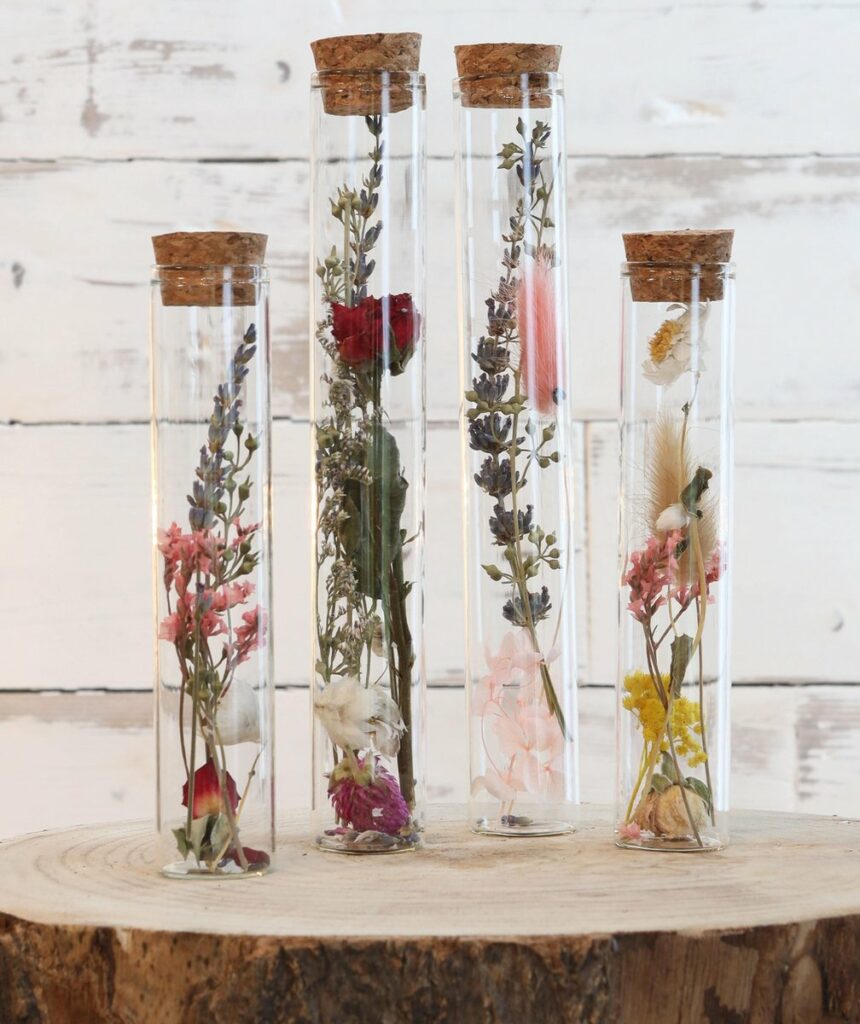 Set van 4 Glazen buisjes met droogbloemen en kurk